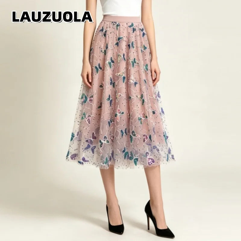 Pink Tulle High Waist Iridescent Sequin Butterfly Embroidery Skirt for Women