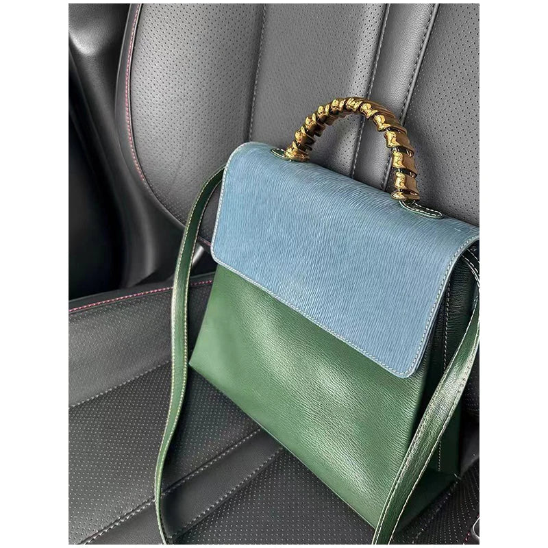 Brand Designer Small Square Bag Elegant Blue Green Stitching Fashion Trend Personality Texture Shoulder Bag Pu Leather Handbag