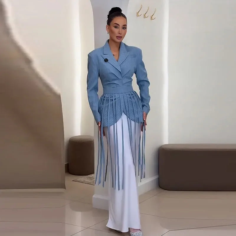 Striped Full Sleeve Blazer With Detachable Tassel Lapel for Women