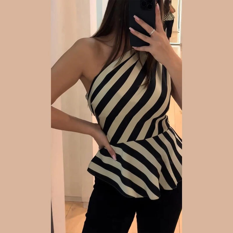 One Shoulder Striped Pleated Top With Backless Cut for Women