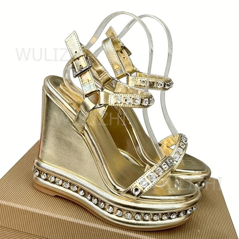 Crystal Border Purple Leather Wedge Platform Shoes for Women