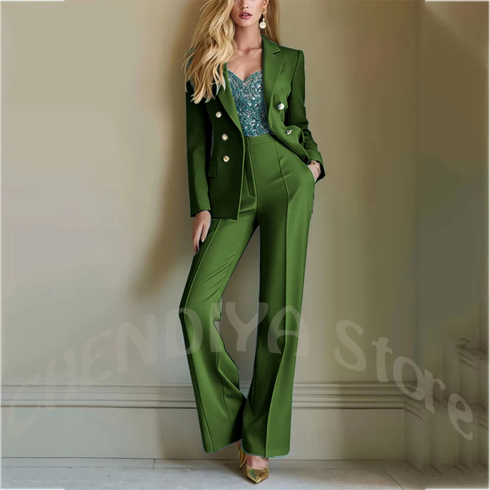 Solid Color Suit For Women High Quality Double Breasted Two Piece Notch Lapel Slim Fit Elegant Fashion Female Outfit Jacket Pant