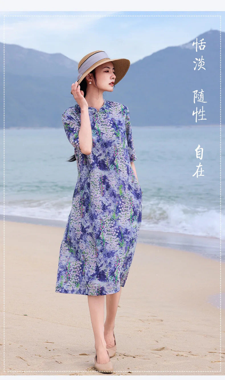 Casual Mandarin Collar Vintage Print Ramie Dress for Women