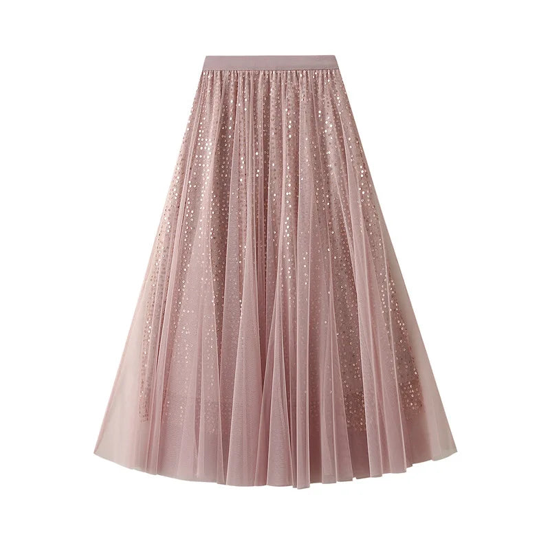 Sparkling Mesh A-Line Pleated Knee-Length Skirt for Women