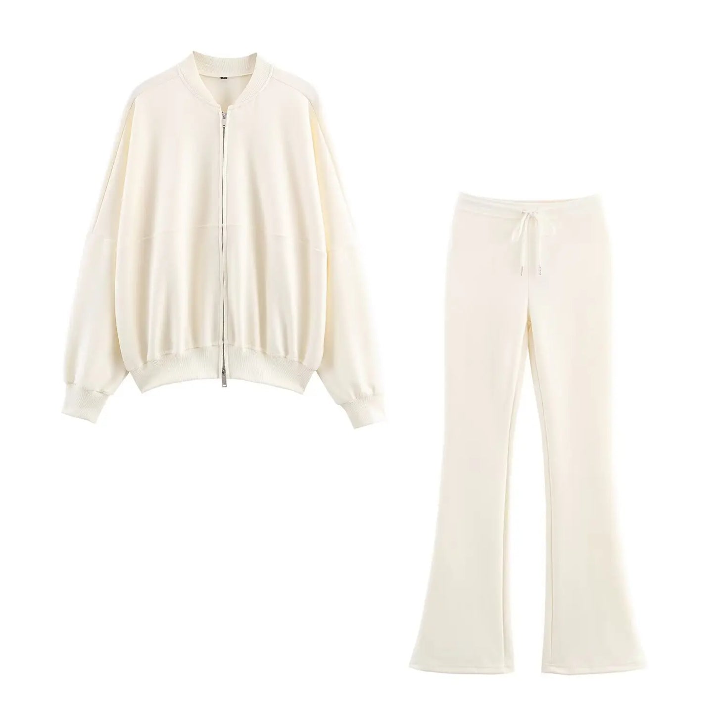 Solid Color Pilot Jacket and Lace-Up Flared Pants Two-Piece Set for Women