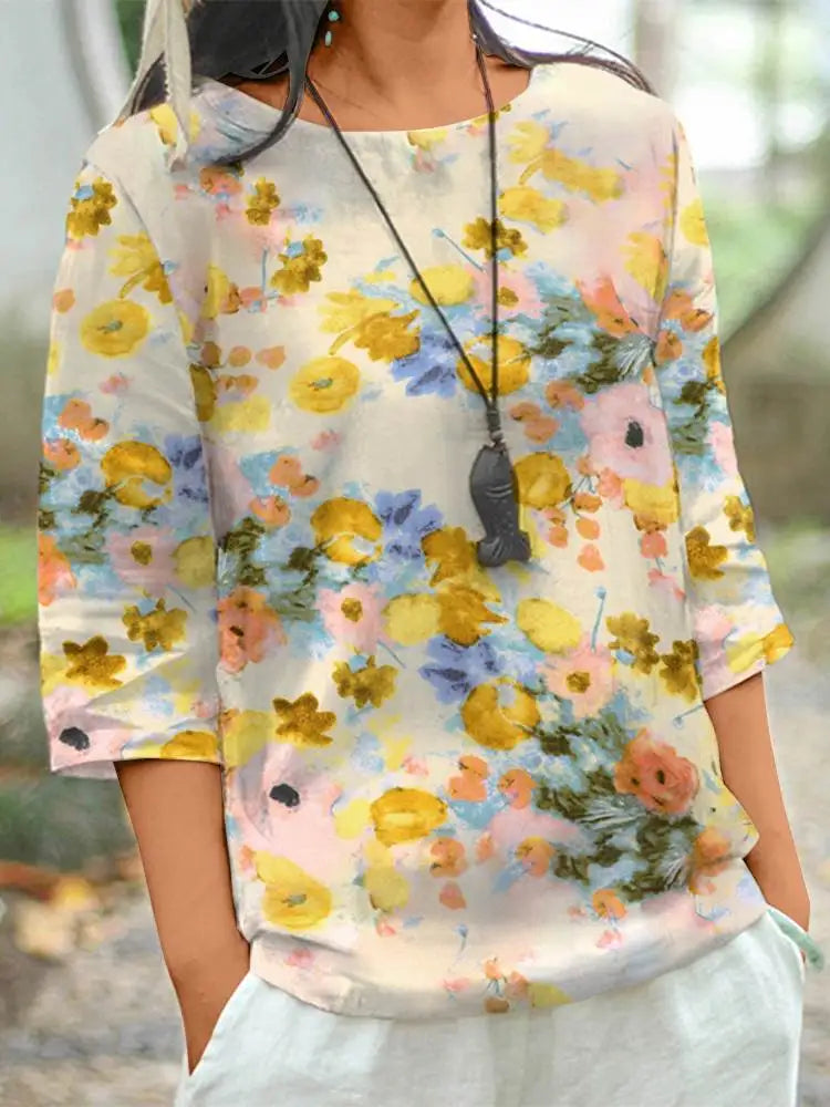 ZANZEA Women Cotton Linen Blouses 2024 Summer Bohemian Floral Printed Blusas Fashion 3/4 Sleeve O-Neck Top Casual Loose Shirts
