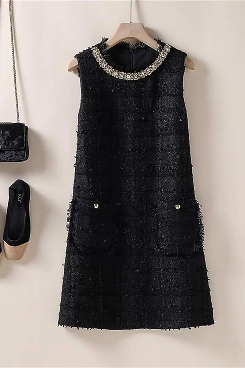 O-Neck Beaded Tweed A-Line Dress With Pockets for Women