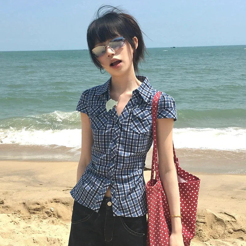 Karrram Japanese Y2k Plaid Shirt Vintage Harajuku V-neck Blouses Korean Fashion Women Short Sleeve Shirts 2000s American Retro