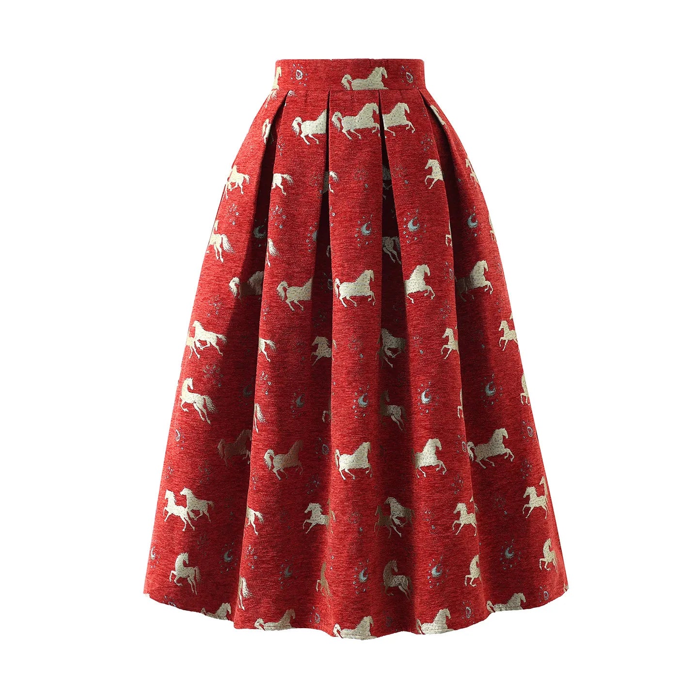 High Quality New Year Red Autumn Winter Vintage Jacquard Mid-long Women A-line Skirt Elegant High Waist Lady Casual Puff Skirts