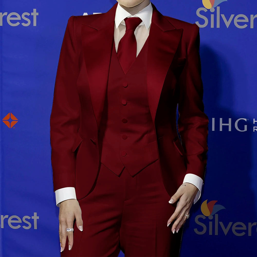 White Satin Lapel Tailored Three Piece Suit Set For Women
