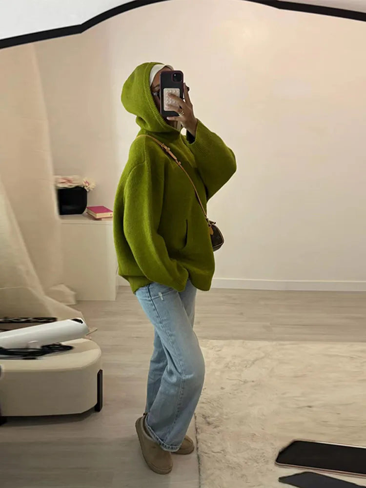 Green Women's Knit Hoodie Coat Full Sleeve Front Pocket  Casual Sweater Top 2025 Early Autumn Loose Female Knitwear Outerwear