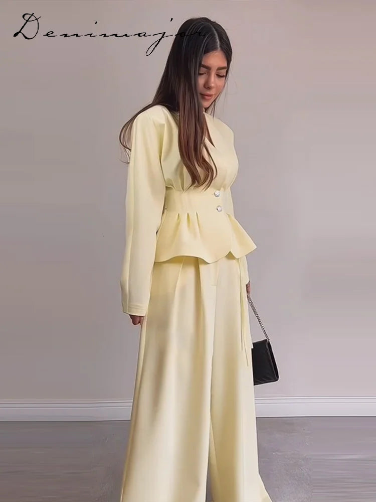 V-Neck Ruffle Coat and Wide Leg Pants Two-Piece Set for Women