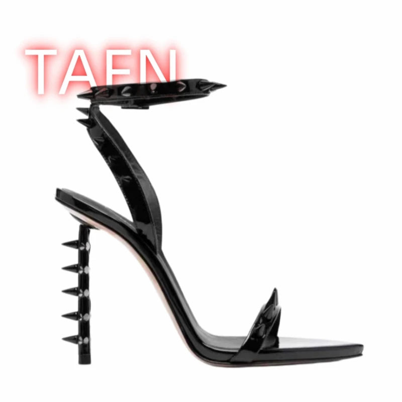 Metallic Spiked Rivets Open Toe Ankle Strap Stiletto Sandals for Women