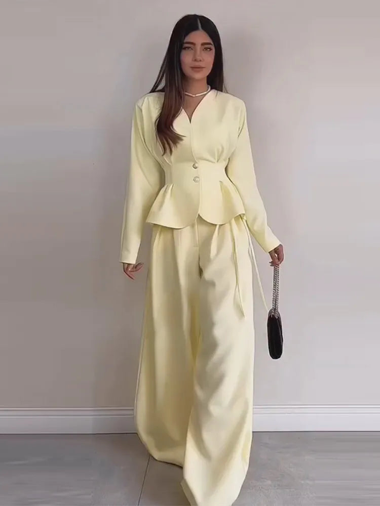V-Neck Ruffle Coat and Wide Leg Pants Two-Piece Set for Women