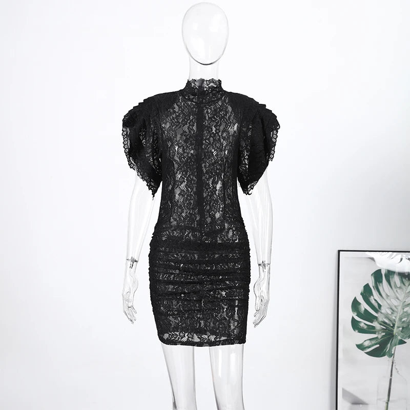 Sheer Lace Flared Sleeve Knee Length Party Dress for Women