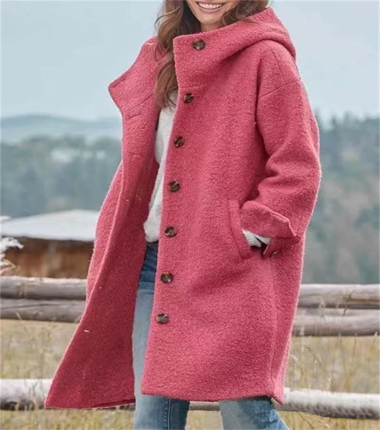 Oversized Hooded Casual Solid Color Wool Blend Coat for Women