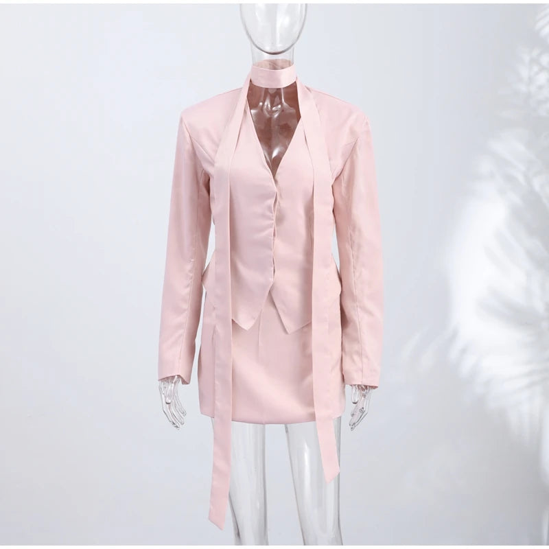 Turn-Down Collar Tailored Blazer Skirt Set for Women