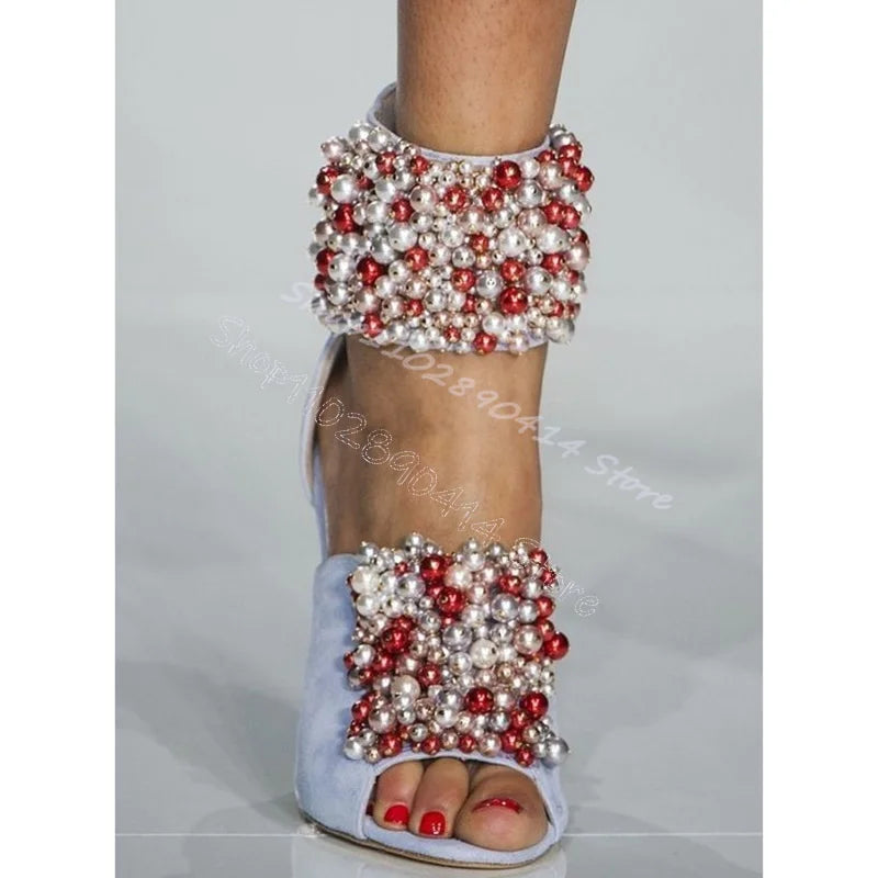 Colorful Pearl Decor Open Toe Back Zipper Thin High Heel Sandals for Women