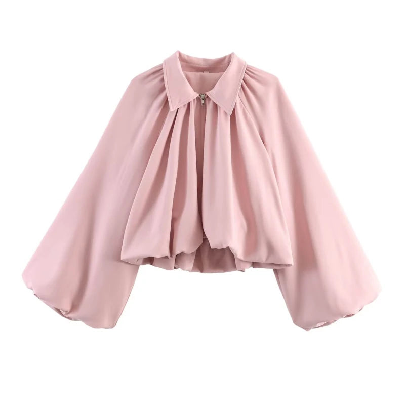 Elegant Solid Bomber Jacket With Puff Sleeves for Women