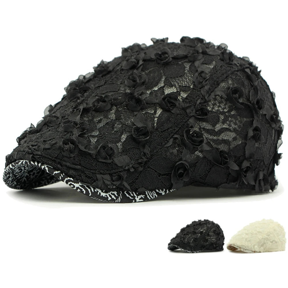 Spring Summer Floral Lace Mesh Beret Hat for Women