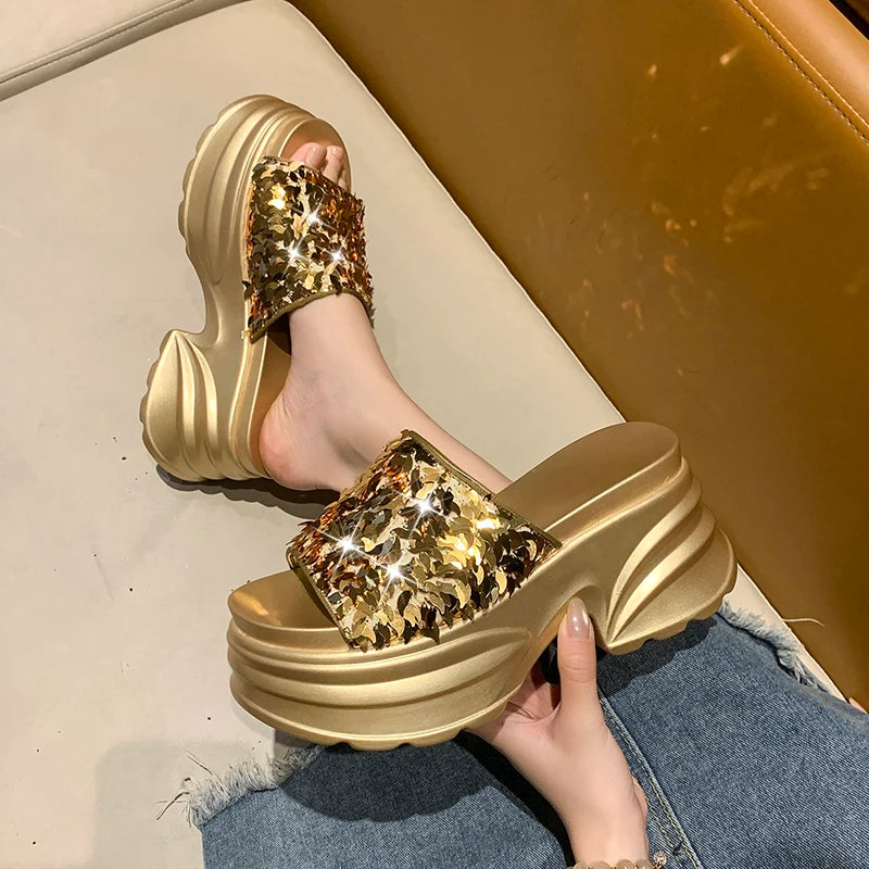 Metallic Sequined Platform Wedge Sandals for Women