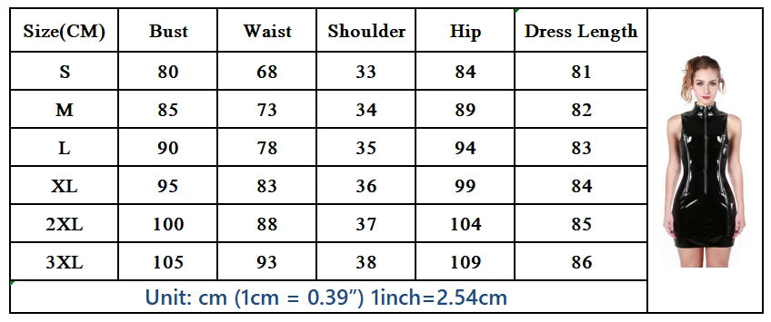 Black Punk Zipper Slim PVC Patent Leather Bodycon Dress for Women