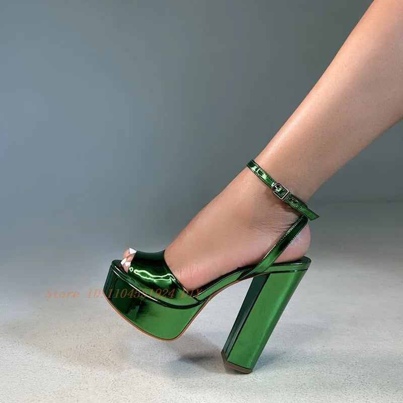 Metallic Green Platform Peep Toe Ankle Strap Sandals for Women