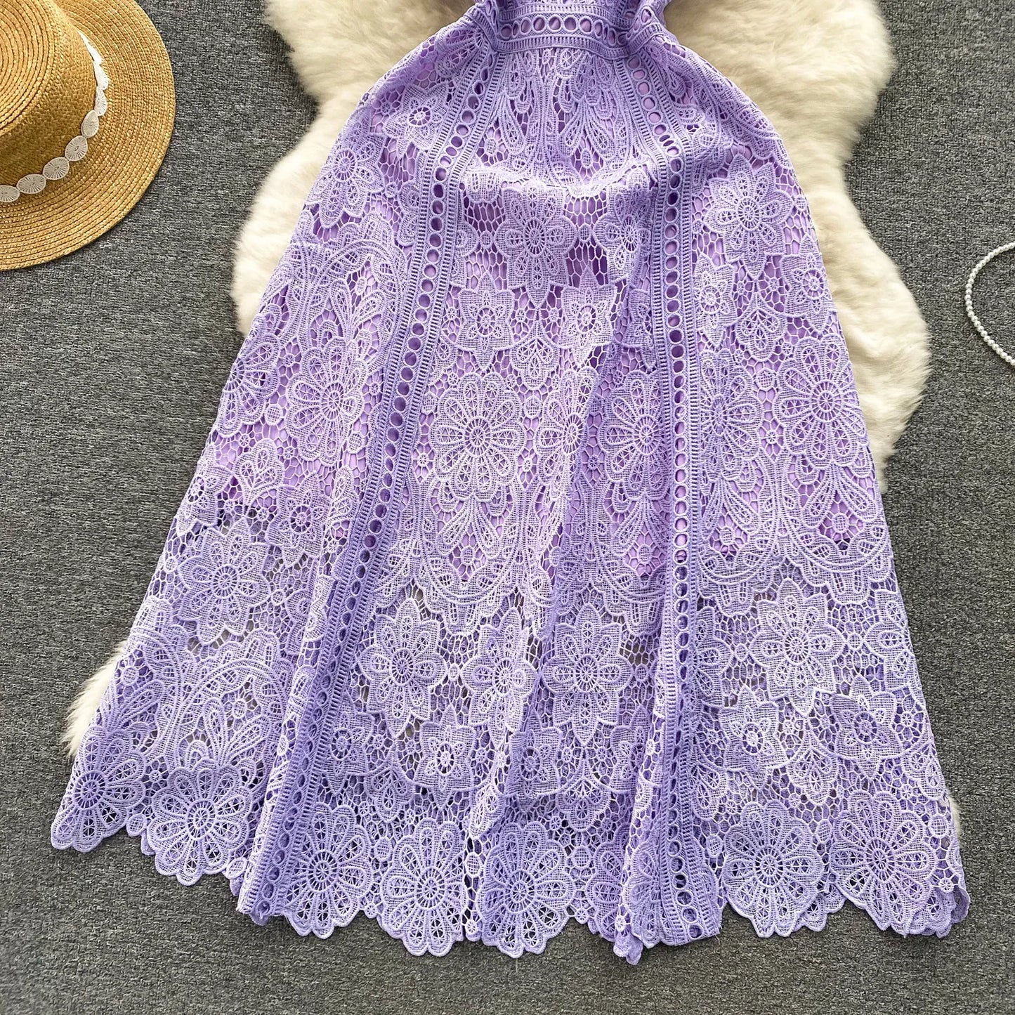 Korean Version Retro High-end Round Neck Lotus Leaf Sleeve Lace Dress for Women's 2026 Summer New Temperament Elegant Long Dress