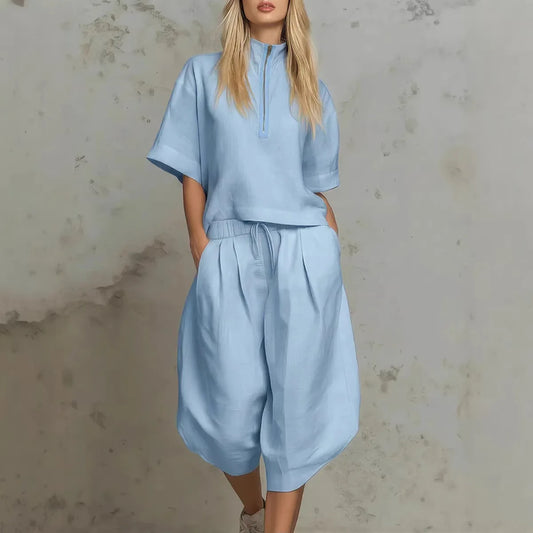 Zipper Neck Shorts Set