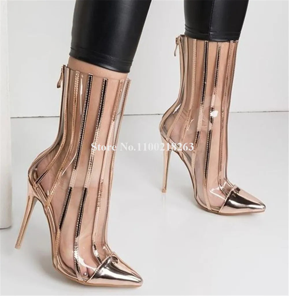 Transparent Patchwork Pointed Toe Stiletto Ankle Boots for Women