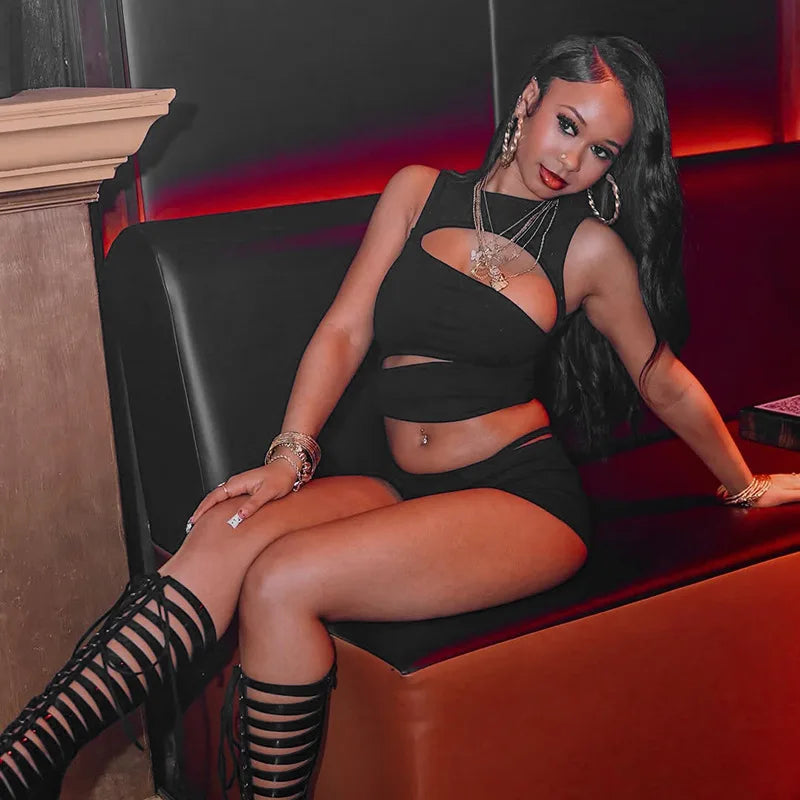 Hollow-Out Patchwork Crop Top and Shorts Set for Women