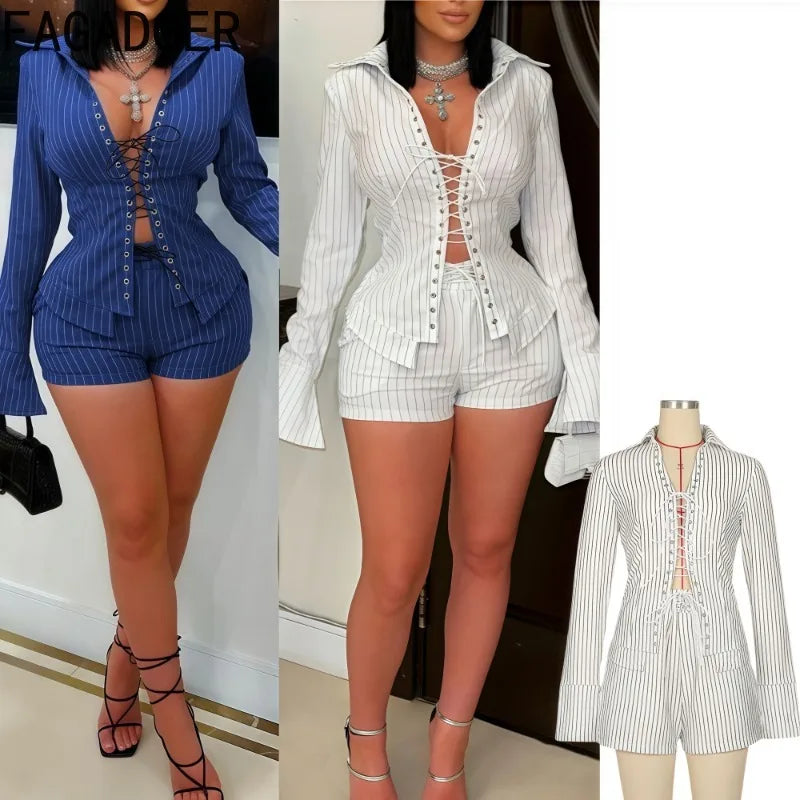 FAGADOER Sexy Stripe Patchwork 2 Piece Sets Woman Outfit Bandage Flare Sleeve Crop Top + Shorts Suit Female Streetwear Clothing