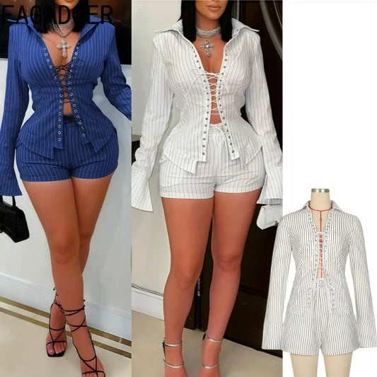 FAGADOER Sexy Stripe Patchwork 2 Piece Sets Woman Outfit Bandage Flare Sleeve Crop Top + Shorts Suit Female Streetwear Clothing