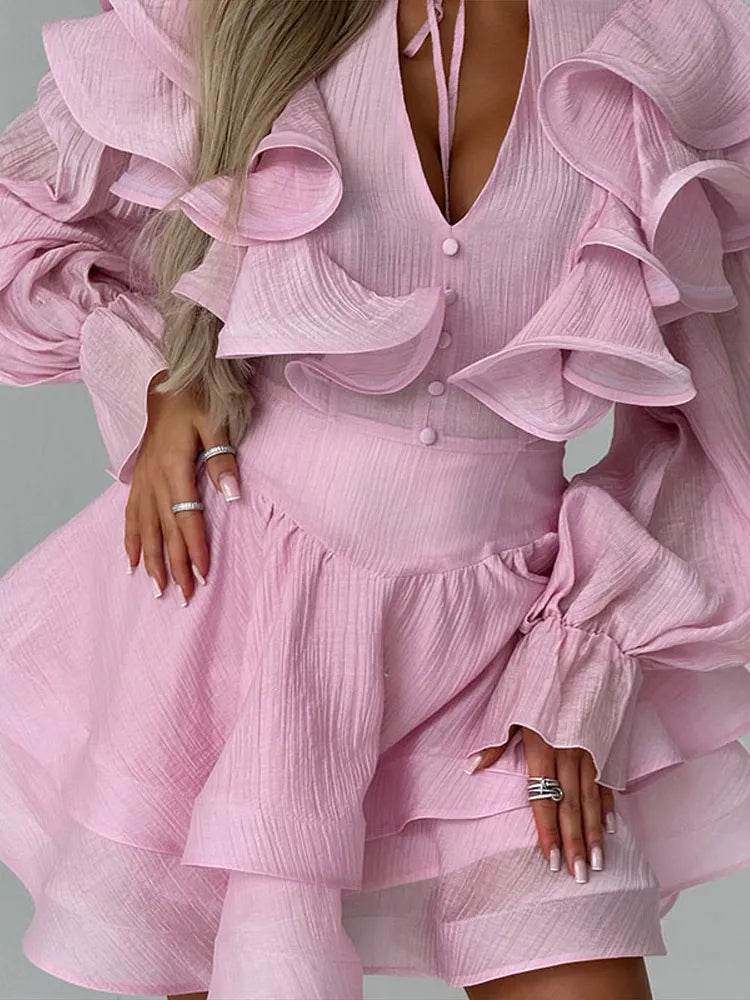 Ruffle Neck Tie Waist Long Puff Sleeves Mini Dress For Women