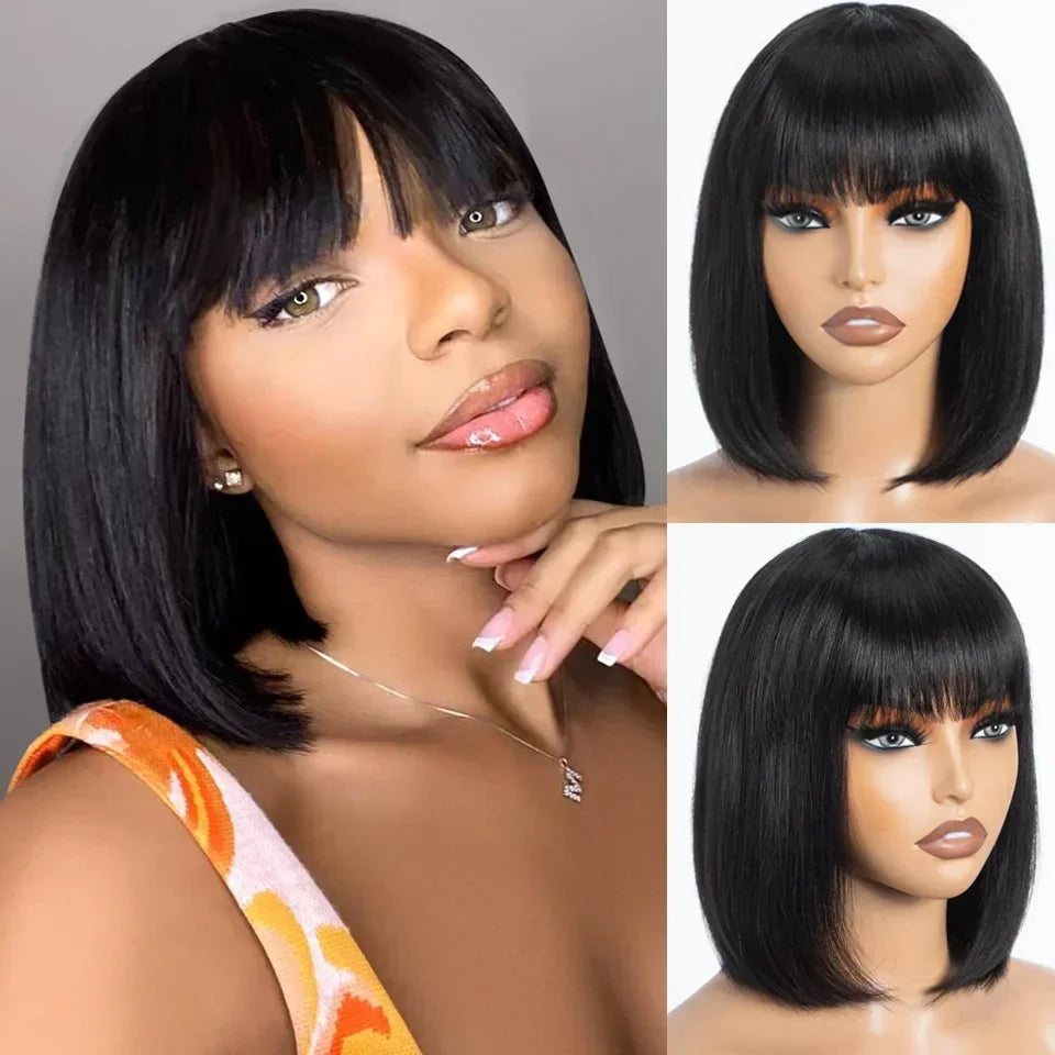 Short Straight Human Hair Bob Wig With Bangs for Women