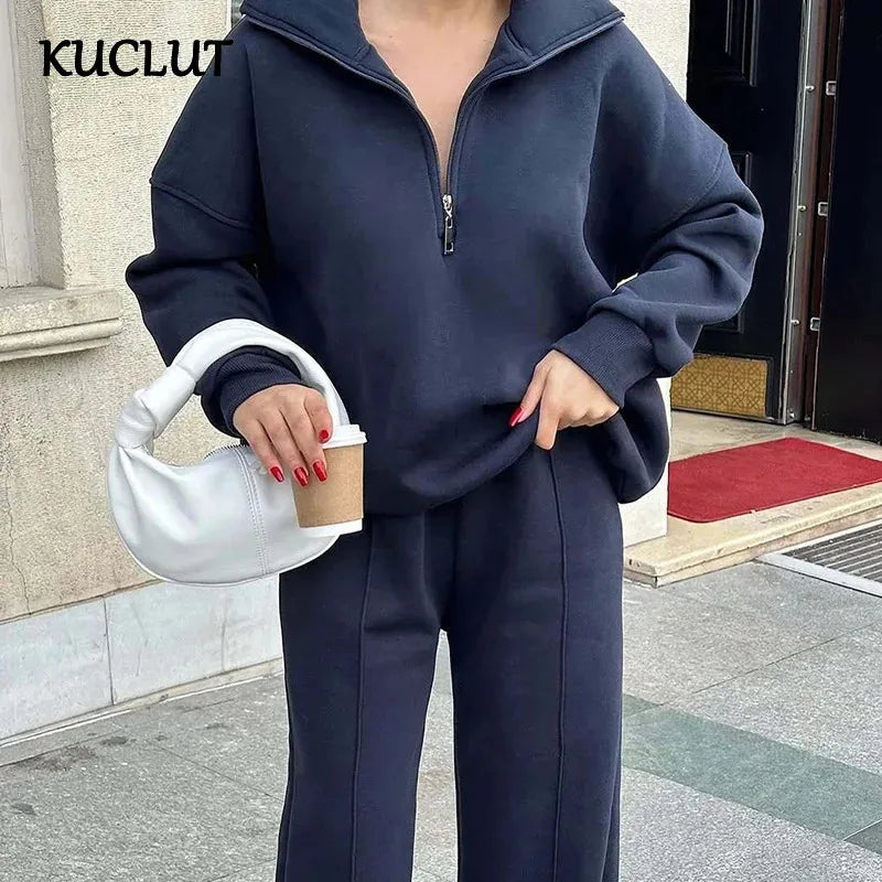 KUCLUT 2025 Autumn Fashion Sport Style Two-pieces Set For Women Half-Zip Pullover Sweatshirt Drawstring Long Casual Pants 1A1109