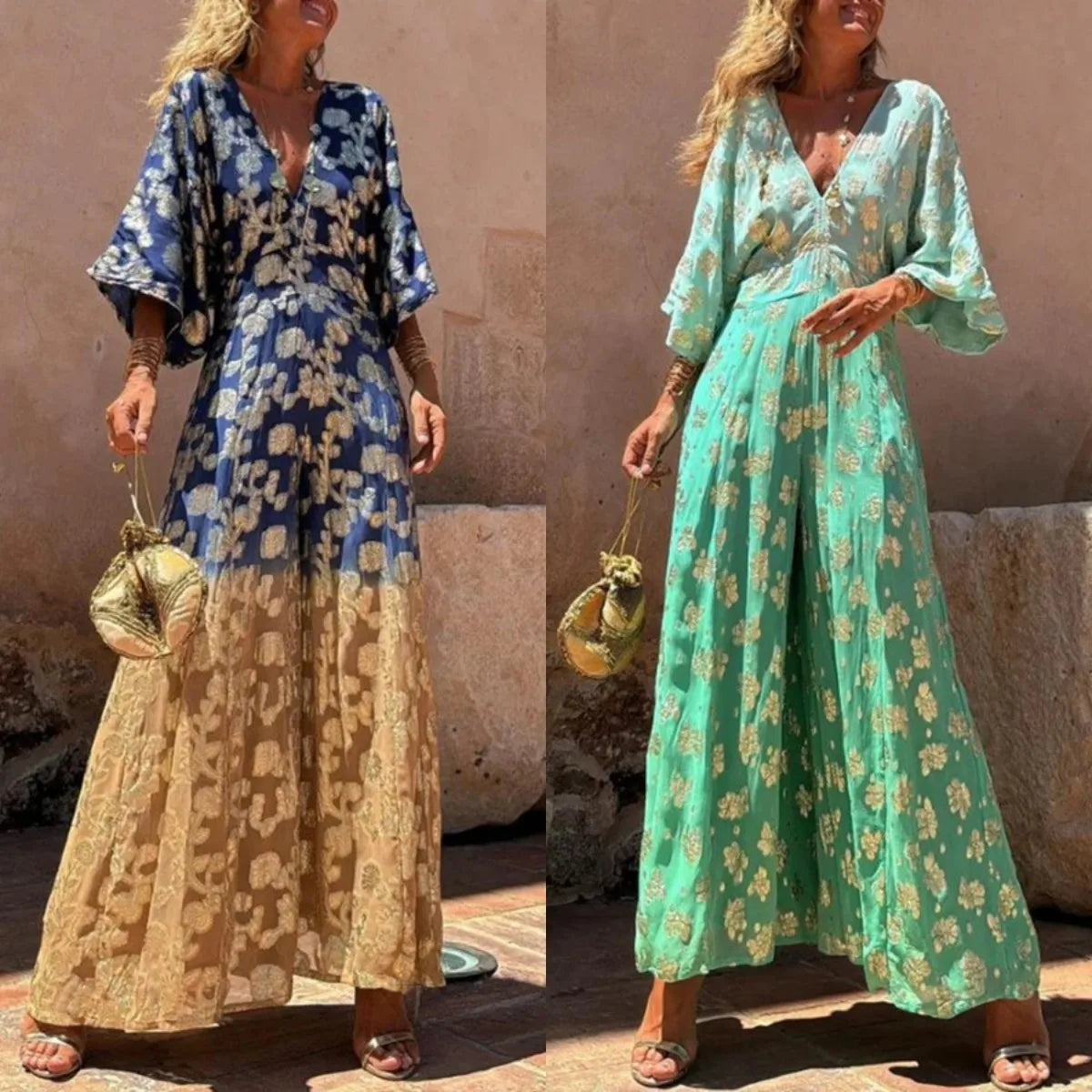 Gradient Print V Neck Backless Lace Up Jumpsuit for Women