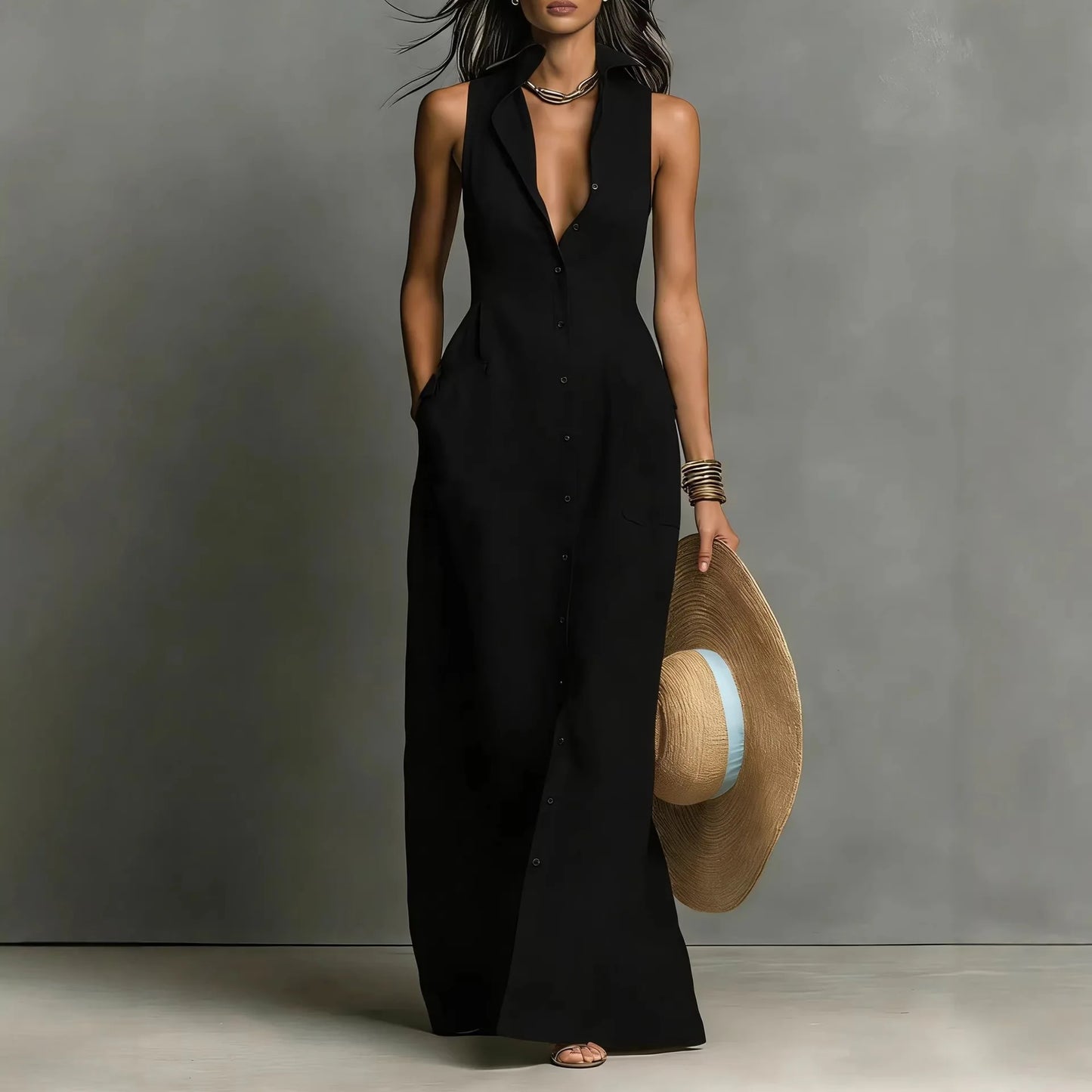 Elegant Deep V Neck Button Pocket Maxi Dress for Women