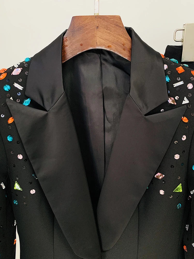 HIGH STREET Newest 2026 Designer Runway Fashion Suit Set Women's Slim Fitting Strass Diamonds Beaded Blazer Pants Set