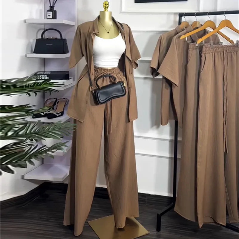 Casual Two Piece Shirt and Wide Leg Pants Set for Women