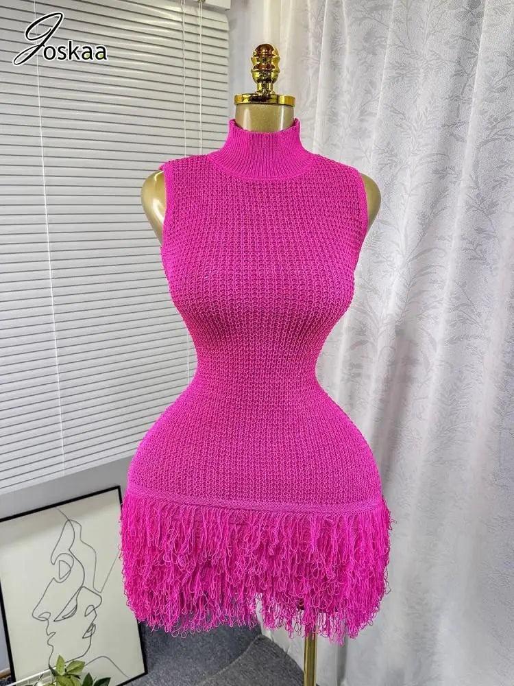Elegant Round Neck Sleeveless Tassel Hem Bodycon Mini Knitted Dress for Women