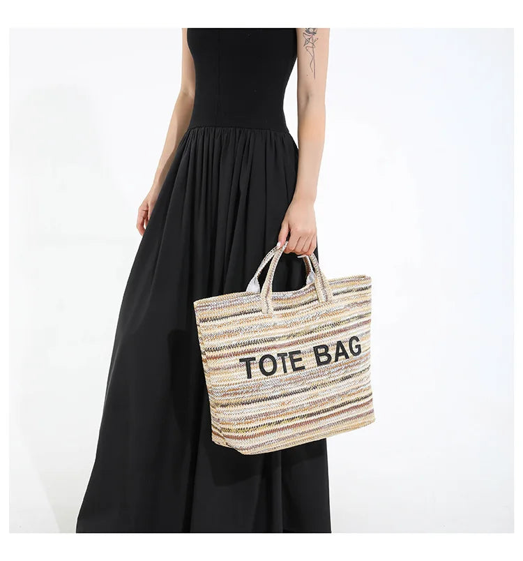 Large capacity beach woven bag, colorful striped tote bag, letter contrasting handbag for women