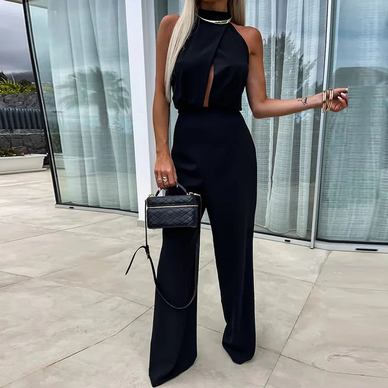 New Sleeveless Wide Leg Pants Playsuits, Women Summer Half High Collar Elegant Jumpsuits, Solid Patchwork Simple Ladies Bodysuit