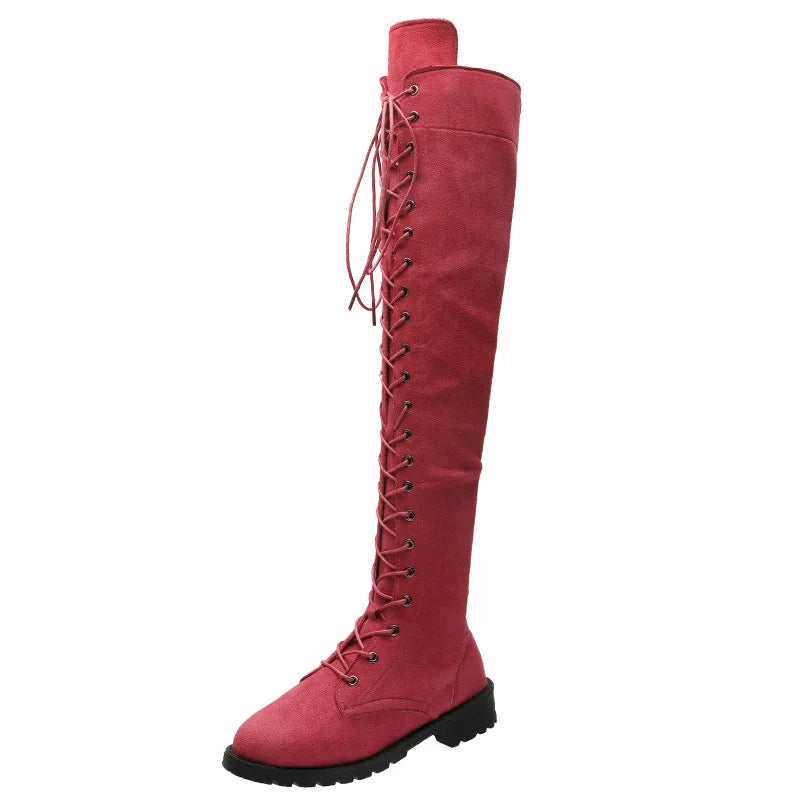 Lace Up Low Heel Winter Over The Knee Boots for Women