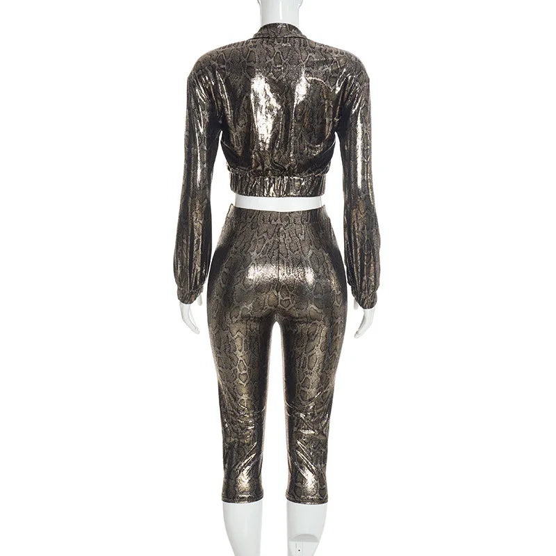 Metallic Leopard Crop Jacket And Pants Set for Women