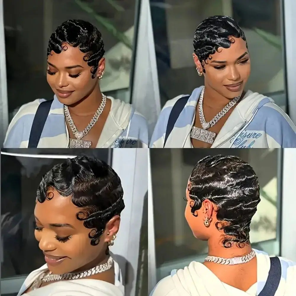 Short Finger Wave Premium Remy Human Hair Wig for Women
