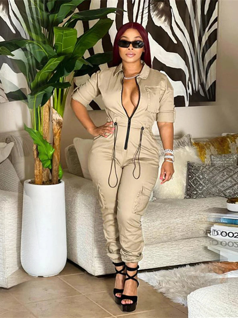 Long Sleeve Utility Cargo Jumpsuit With Pockets for Women