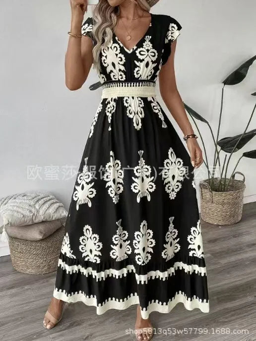 Beach Print Midi with V-Neck and High Waist Dress for Women
