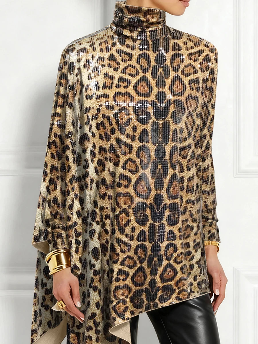 Elegant Leopard Sequin High Neck Long Sleeve Blouse for Women