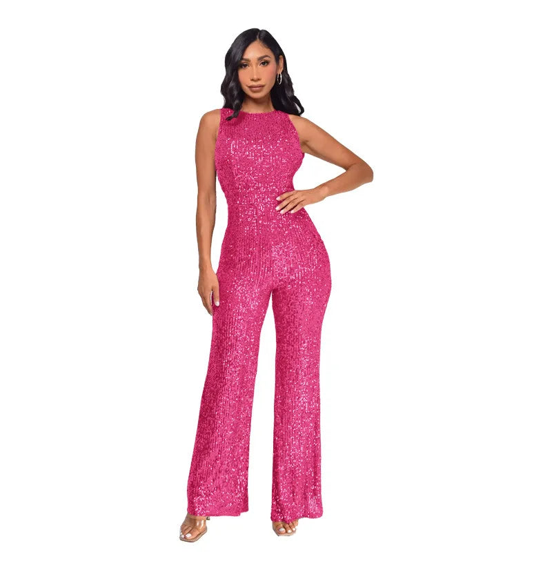 Glitter Sequin Round Neck Sleeveless High Waist Slim Fit Jumpsuit for Women